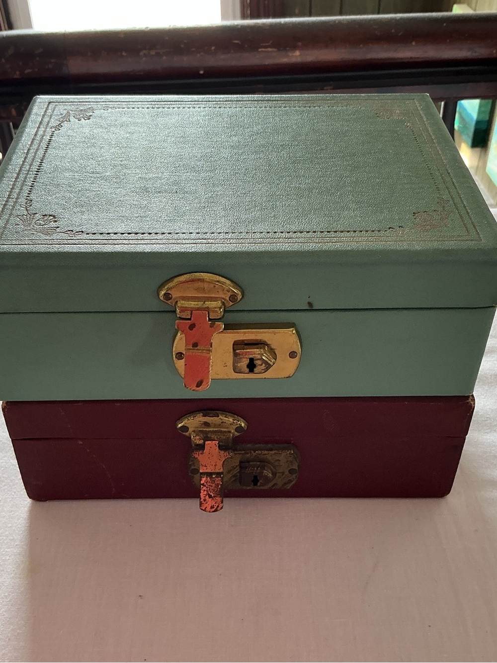 Vintage 50s Wood Velvet Jewelry Storage Box - Green and Burgundy